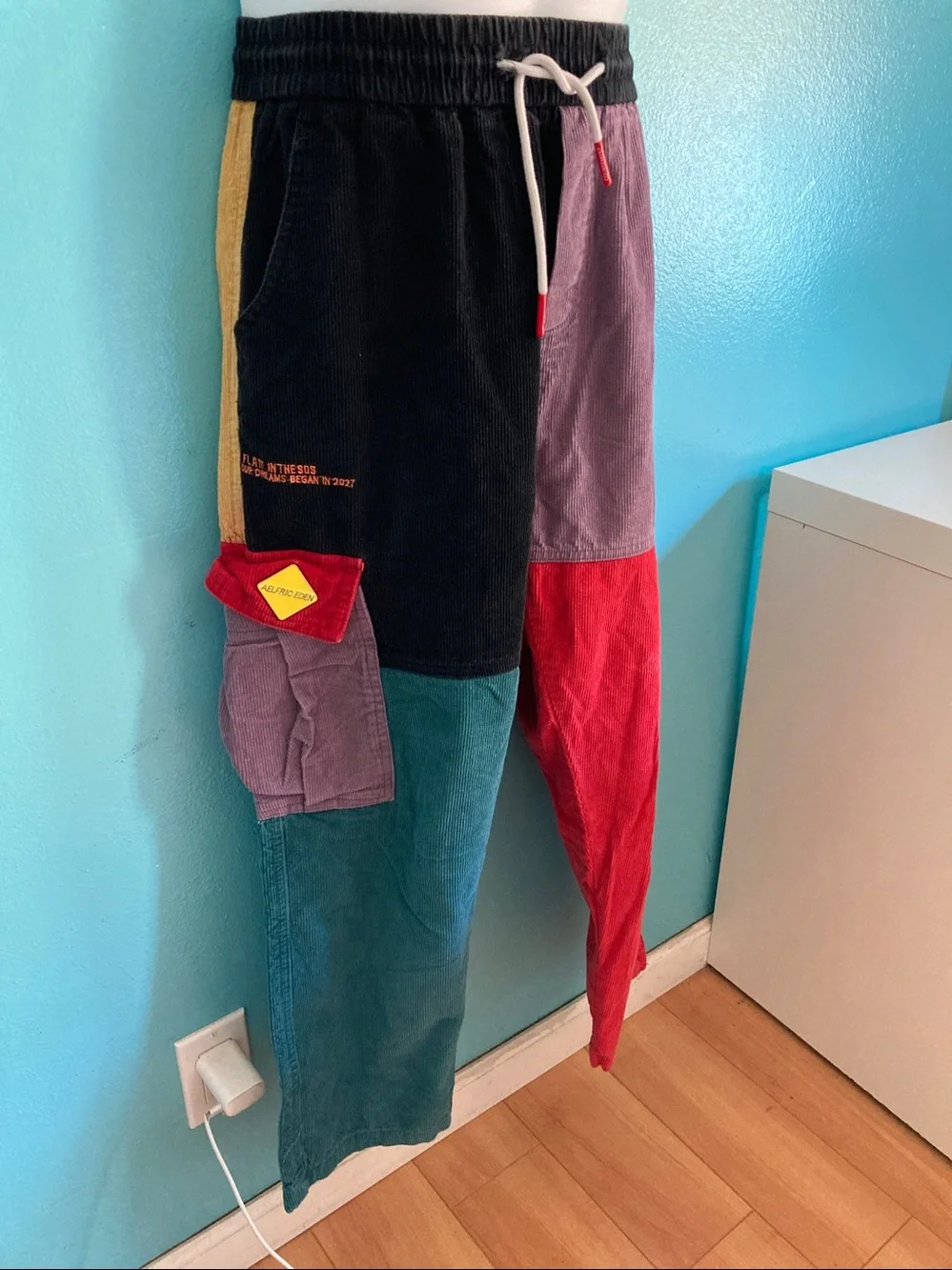 AELFRIC EDEN Back to 90's Patchwork Color Block Corduroy Cargo Pants Size 2XL